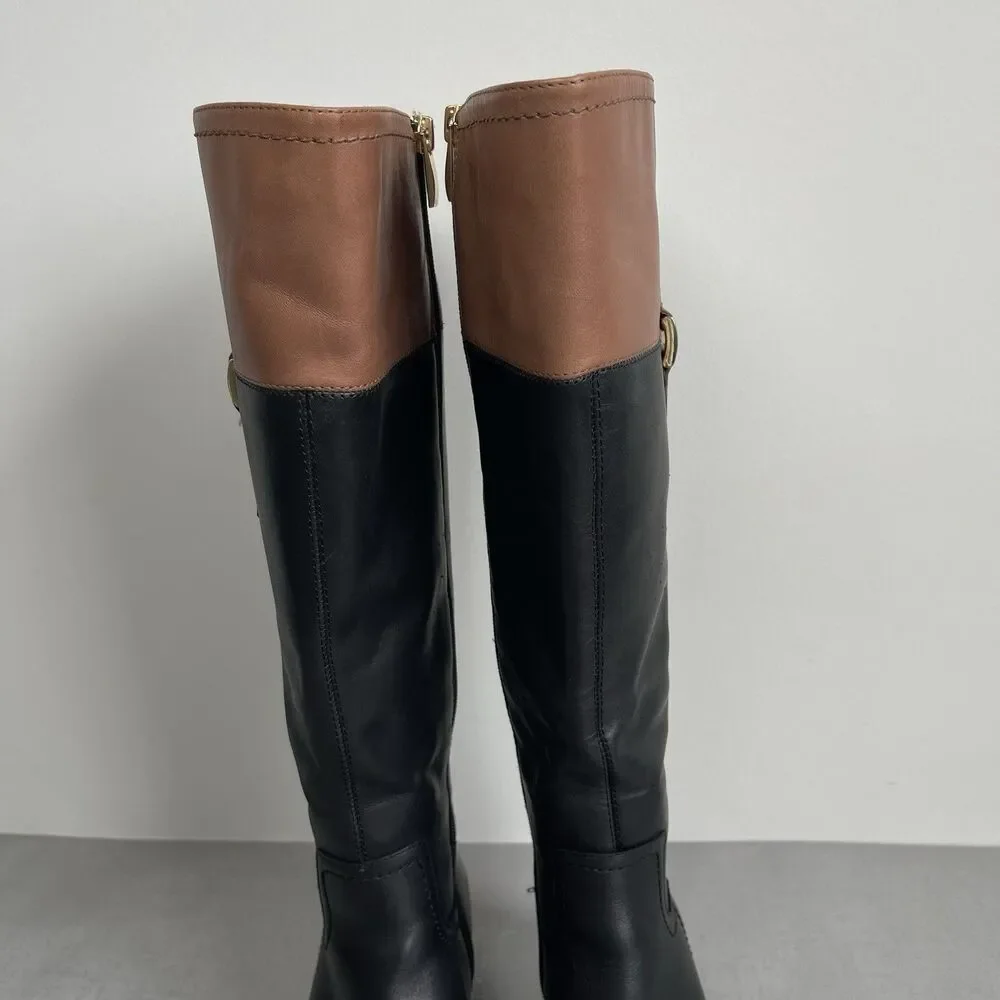 Franco Sarto Women's Black Brown Leather Tall‎ Riding Boots 7.5 Wide Calf